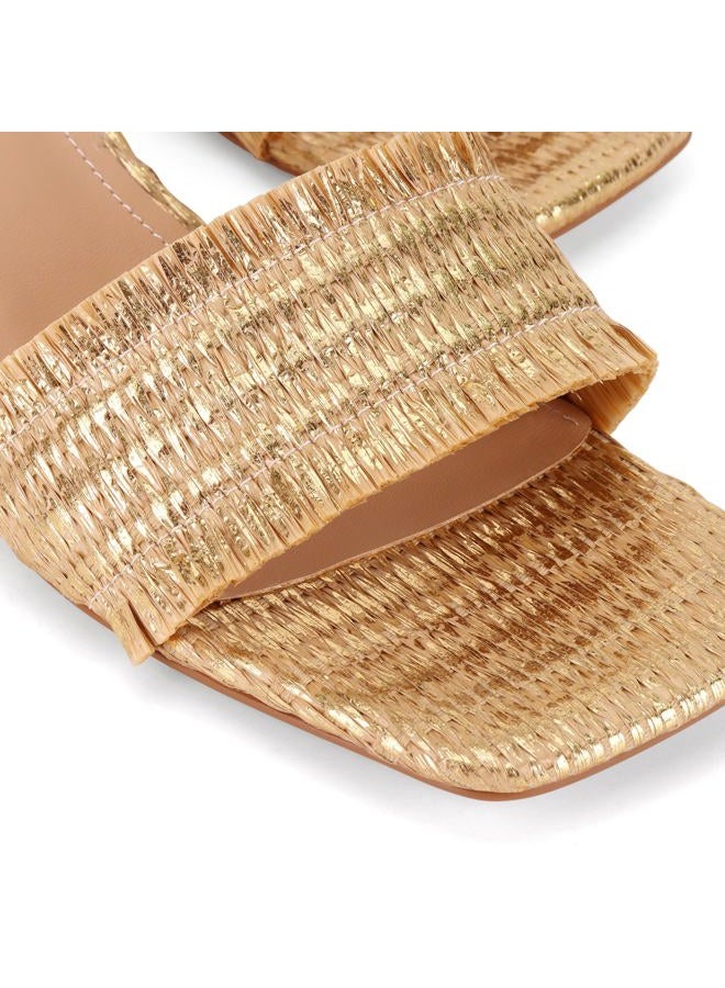 COMJUY Women's Woven Straw Kitten Heel Slide Sandals, Natural, Square Toe, Golden, 8 - Image 2