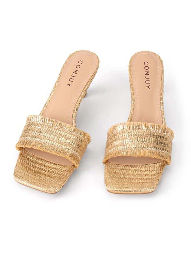 COMJUY Women's Woven Straw Kitten Heel Slide Sandals, Natural, Square Toe, Golden, 8 - Image 4
