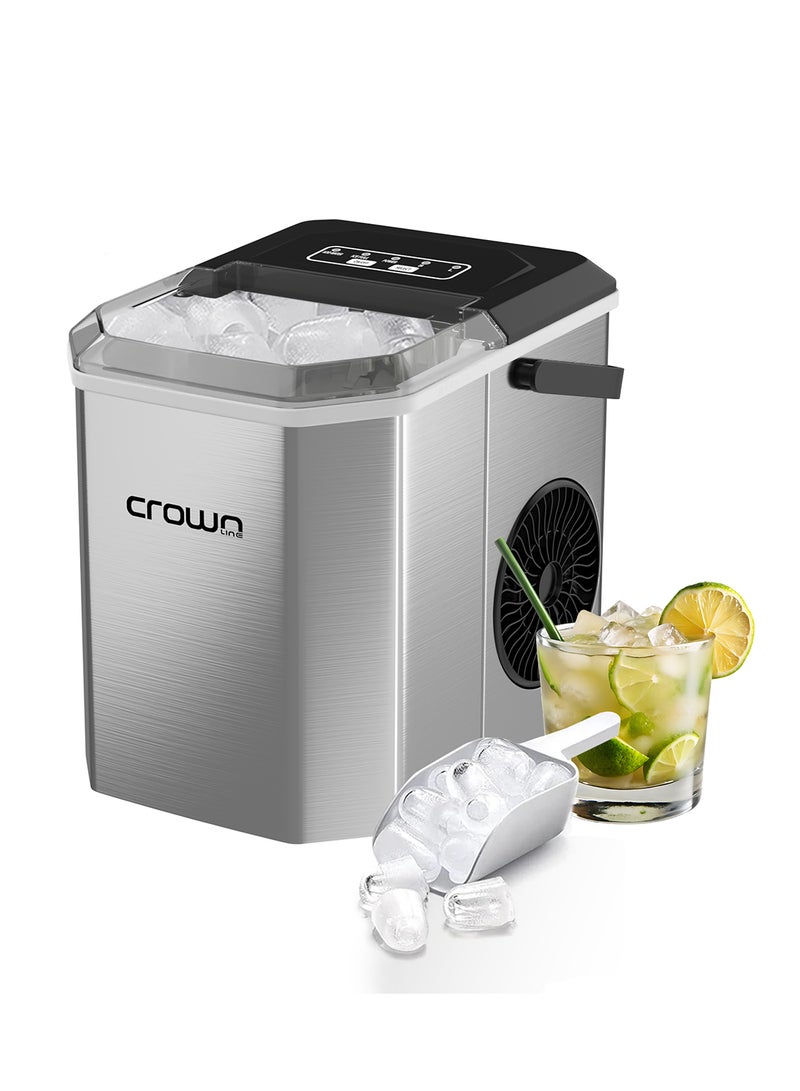 Crownline Portable Ice Maker, 12kg/Day, 1.3L Water Tank, Transparent Lid, Ice Basket, 2 Cube Sizes (S/L), Fast Ice Production – Perfect for Home, Office & Parties 1.3 L 95 W IM-411 Silver - Image 2