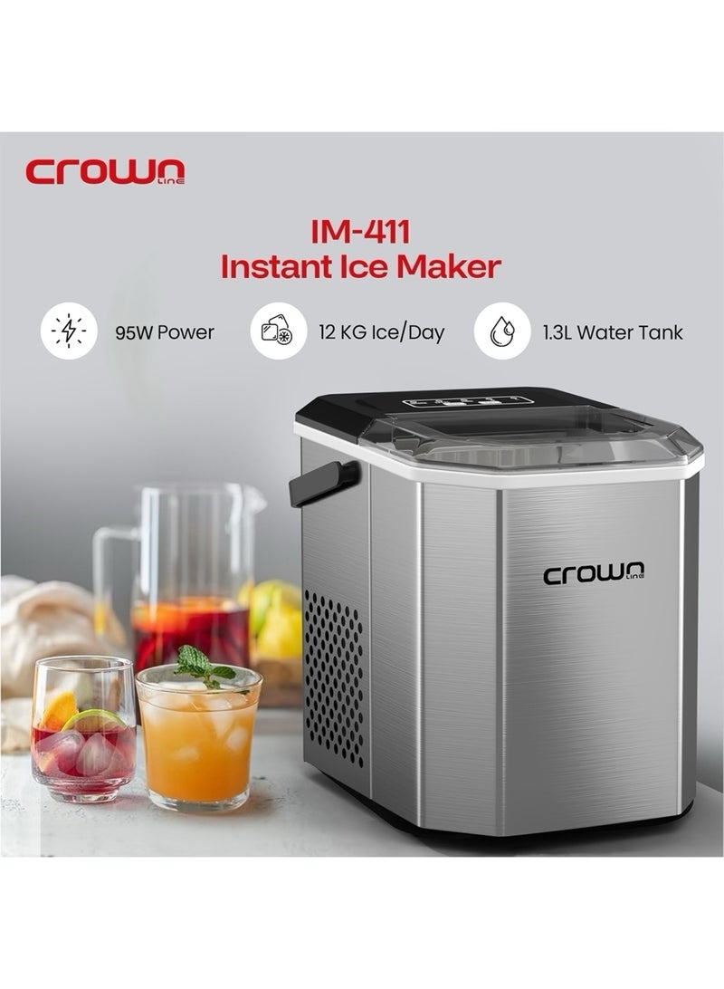 Crownline Portable Ice Maker, 12kg/Day, 1.3L Water Tank, Transparent Lid, Ice Basket, 2 Cube Sizes (S/L), Fast Ice Production – Perfect for Home, Office & Parties 1.3 L 95 W IM-411 Silver - Image 3