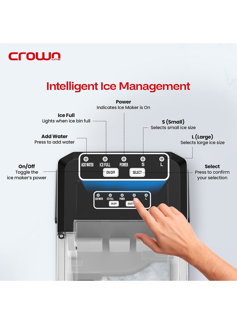 Crownline Portable Ice Maker, 12kg/Day, 1.3L Water Tank, Transparent Lid, Ice Basket, 2 Cube Sizes (S/L), Fast Ice Production – Perfect for Home, Office & Parties 1.3 L 95 W IM-411 Silver - Image 4