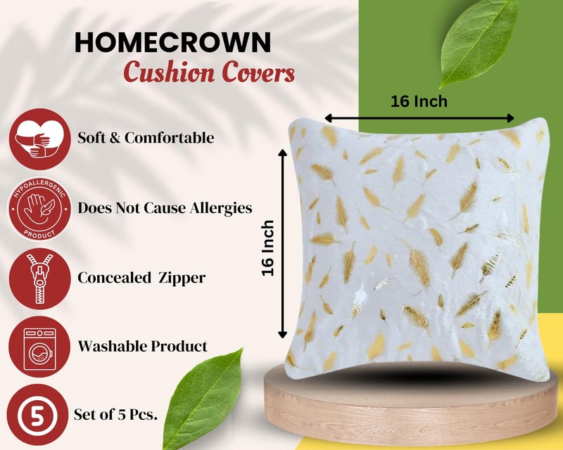HOMECROWN 16x16 Inch Velvet Cushion Covers Set of 5 Pcs, Soft Decorative Faux Fur Throw Pillow Covers with Golden Feather Print for Sofa, Couch, Bed, Living Room - White-250 TC - Image 4