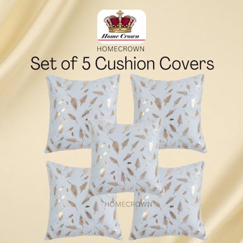 HOMECROWN 16x16 Inch Velvet Cushion Covers Set of 5 Pcs, Soft Decorative Faux Fur Throw Pillow Covers with Golden Feather Print for Sofa, Couch, Bed, Living Room - White-250 TC - Image 3