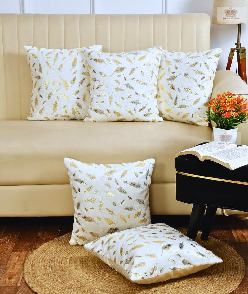 HOMECROWN 16x16 Inch Velvet Cushion Covers Set of 5 Pcs, Soft Decorative Faux Fur Throw Pillow Covers with Golden Feather Print for Sofa, Couch, Bed, Living Room - White-250 TC - Image 1
