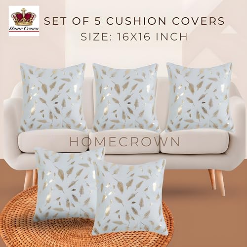 HOMECROWN 16x16 Inch Velvet Cushion Covers Set of 5 Pcs, Soft Decorative Faux Fur Throw Pillow Covers with Golden Feather Print for Sofa, Couch, Bed, Living Room - White-250 TC - Image 2
