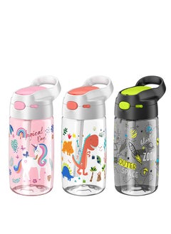 Generic Kids Water Bottle with Straw, 450ML Measurement Handle BPA-Free for School, Children's Suction Nozzle Plastic Scale Cup Portable Pop Up Cover Learning Drinking Straw  - Image 3
