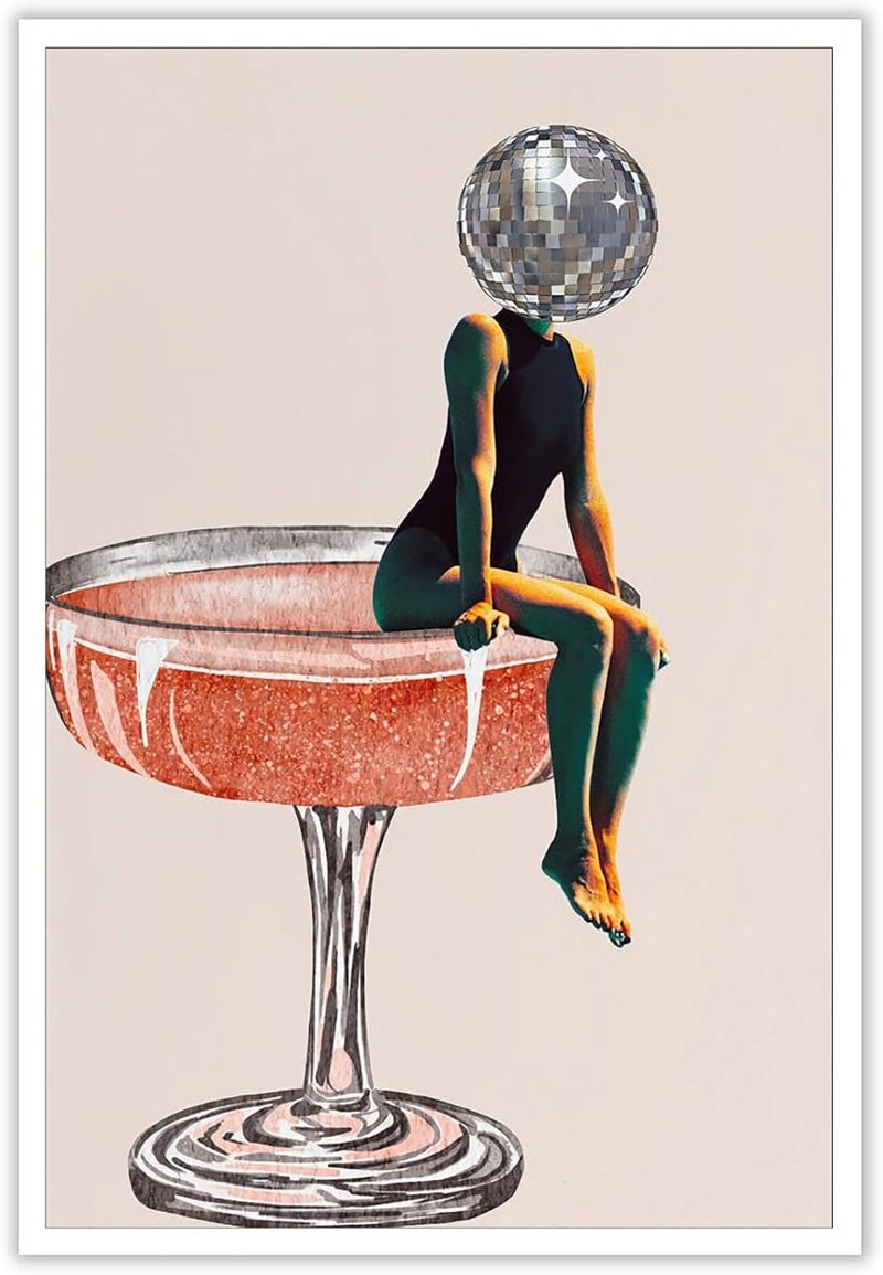 ARS Framed Fine Art of Retro Disco Ball Head Poster Funky Disco 70s Prints Painting Funky Cocktail Wall Art Luxury Mirrorball Wall Art Girly Dorm Room Artt Trendy Bar Cart Wall Decor Wall Art Canvas for Office Living Room Bedroom Gifting-  (Size Available Unframed) - Image 1