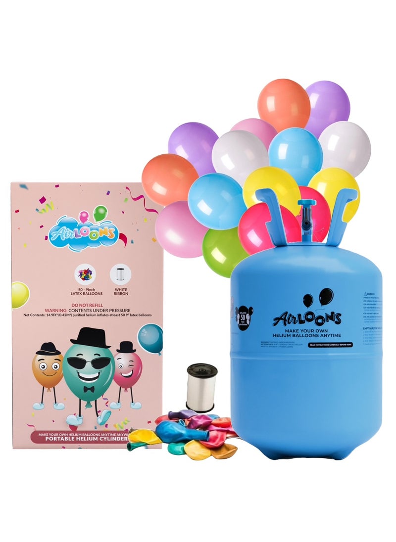 Airloons Airloons Helium Balloon Kit Helium Tank for Balloons also Includes one 12 Inch Helium Canister for Balloons, 50 Latex Balloons & Ribbon  - Image 1