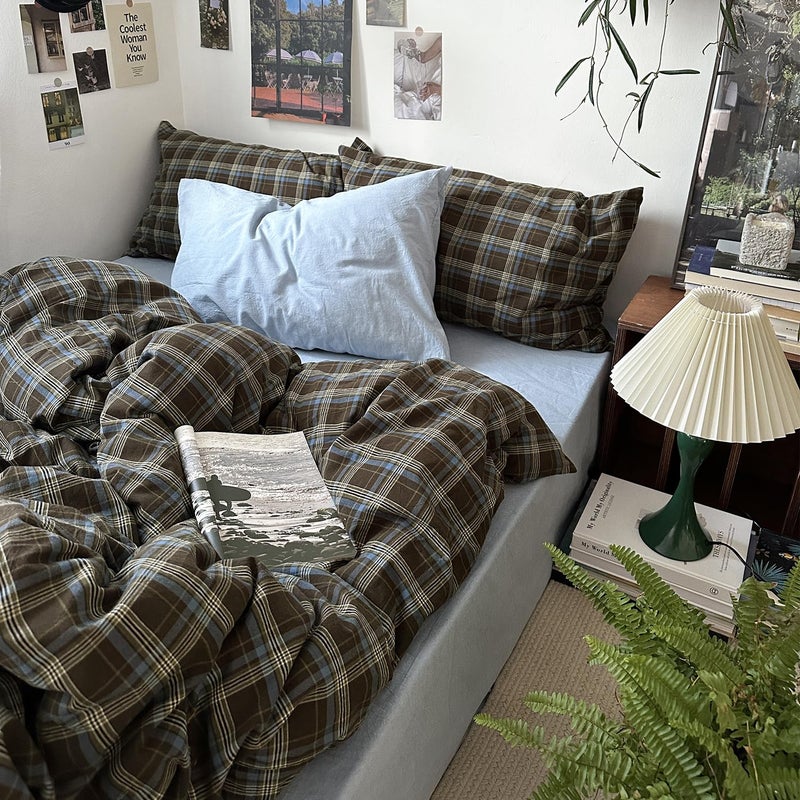 MKXI Full Size Blue, Brown & Green Buffalo Plaid Duvet Cover Set - 3 Piece Vintage Aesthetic Bedding Set, 100% Washed Cotton, Minimalist Design, Soft & Breathable Duvet Cover with Zipper Closure - Image 1