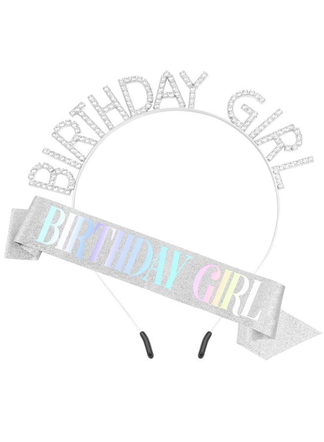 PQRUU Women's Glitter Birthday Sash and Tiara Set - Sliver and White Rhinestone Headband, Crowns, and Happy Birthday Decorations - Image 1