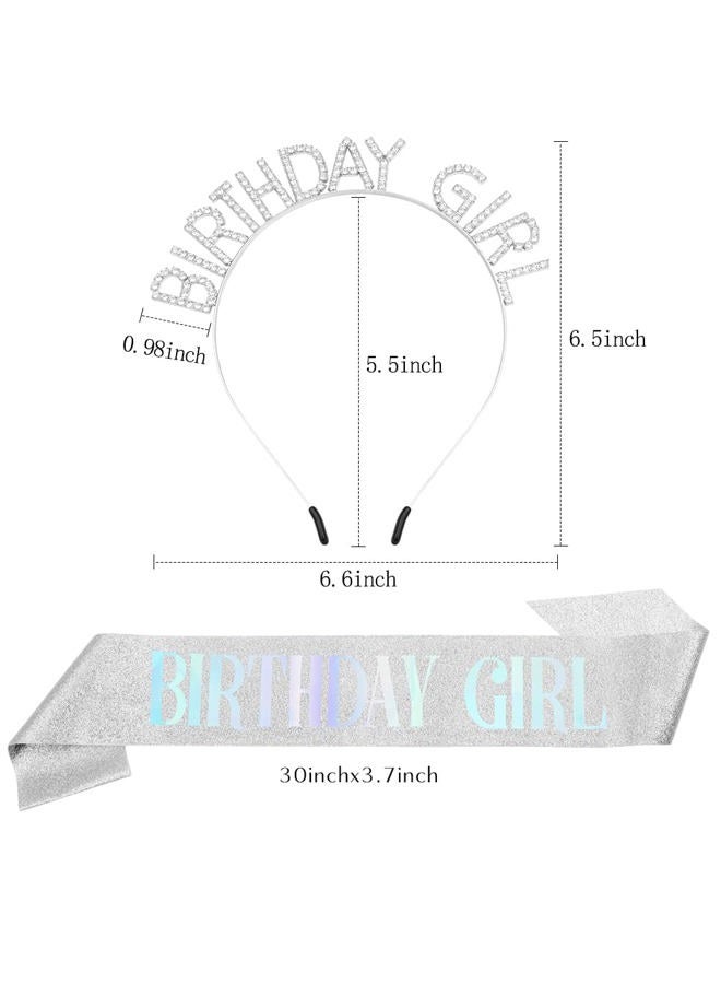PQRUU Women's Glitter Birthday Sash and Tiara Set - Sliver and White Rhinestone Headband, Crowns, and Happy Birthday Decorations - Image 2