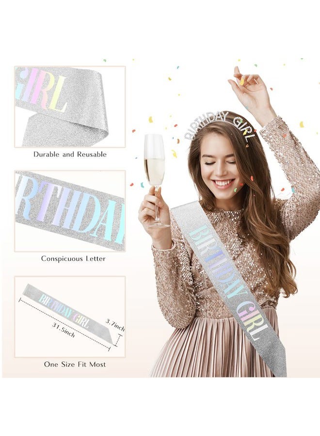 PQRUU Women's Glitter Birthday Sash and Tiara Set - Sliver and White Rhinestone Headband, Crowns, and Happy Birthday Decorations - Image 4