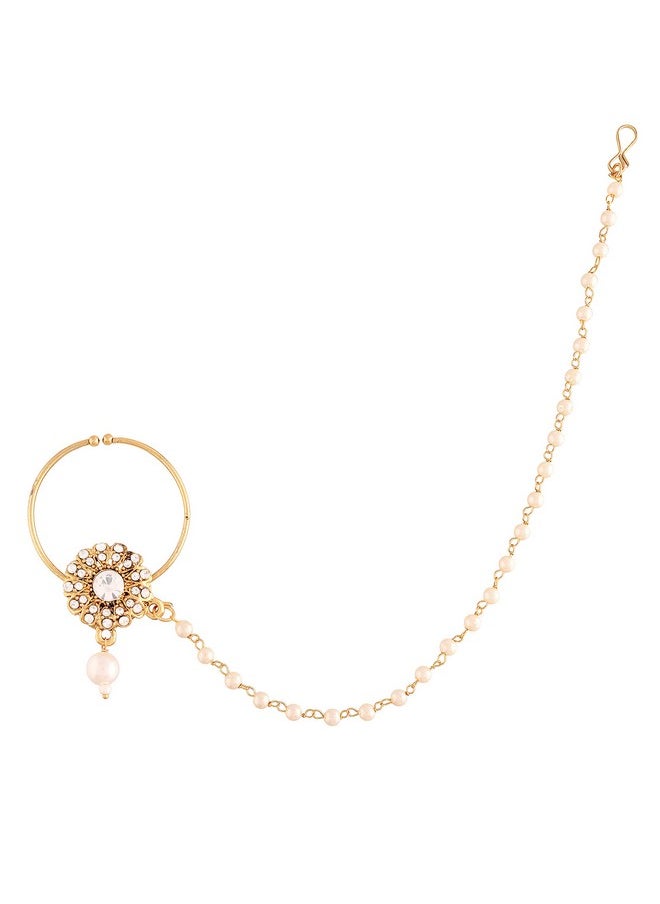 I Jewels I Jewels 18k Gold Plated Traditional Ethnic Bridal Nose Ring/Nath without piercing with Pearl Chain Encased with Pearl Stone for Women/Girls (NL49W)  - Image 1