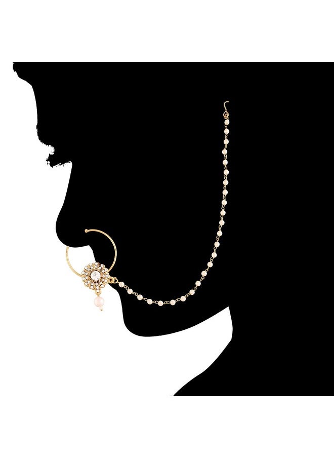 I Jewels I Jewels 18k Gold Plated Traditional Ethnic Bridal Nose Ring/Nath without piercing with Pearl Chain Encased with Pearl Stone for Women/Girls (NL49W)  - Image 4