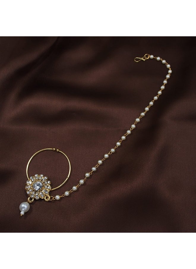 I Jewels I Jewels 18k Gold Plated Traditional Ethnic Bridal Nose Ring/Nath without piercing with Pearl Chain Encased with Pearl Stone for Women/Girls (NL49W)  - Image 2