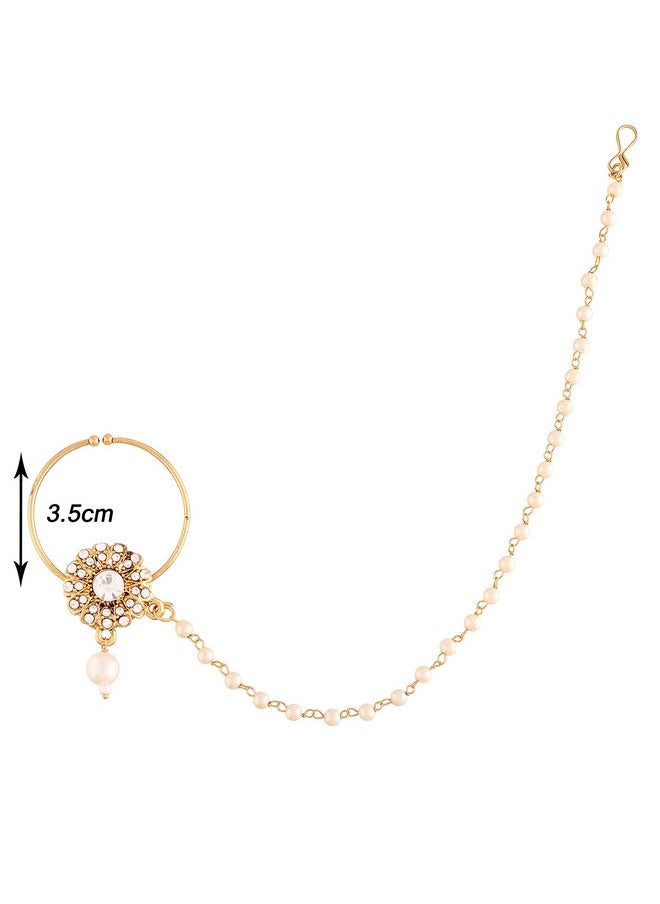 I Jewels I Jewels 18k Gold Plated Traditional Ethnic Bridal Nose Ring/Nath without piercing with Pearl Chain Encased with Pearl Stone for Women/Girls (NL49W)  - Image 3