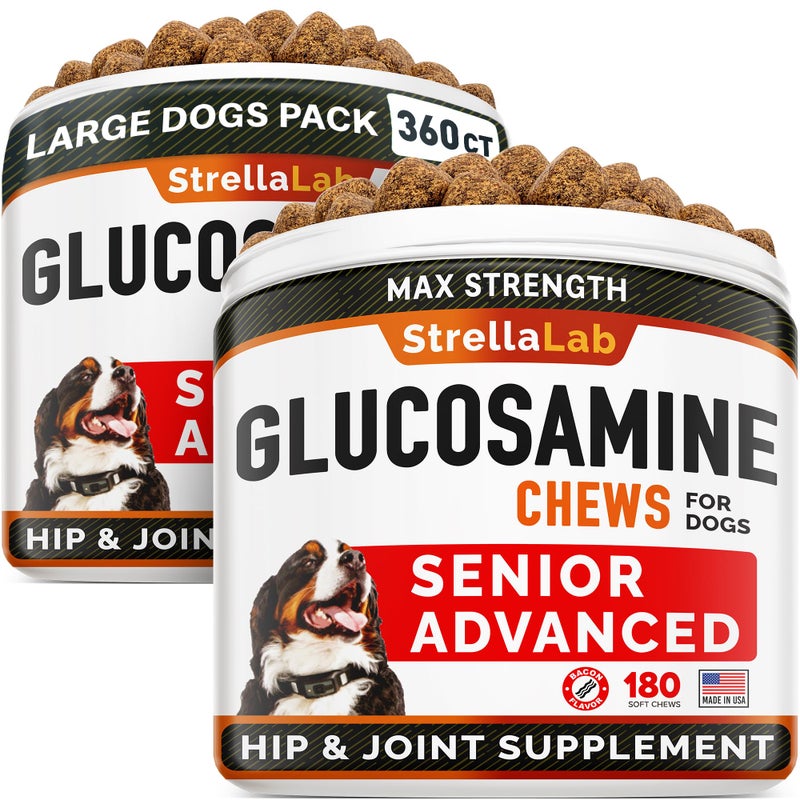 StrellaLab Senior Advanced Glucosamine Chondroitin Joint Supplement for Dogs - Hip & Joint Pain Relief Pills - Large & Small Breed - Hip Joint Chews Canine Joint Health - Chews Older Dogs - Bacon Flavor - 360Ct - Image 1