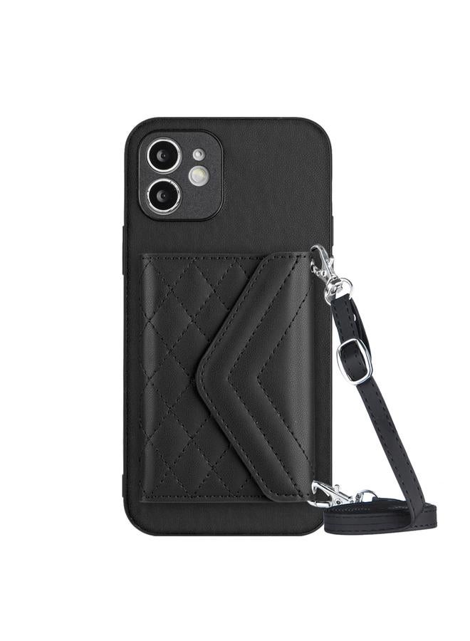 Zaboon Case For iPhone 12 Rhombic Texture Card Bag RFID Phone Case with Long Lanyard - Image 1