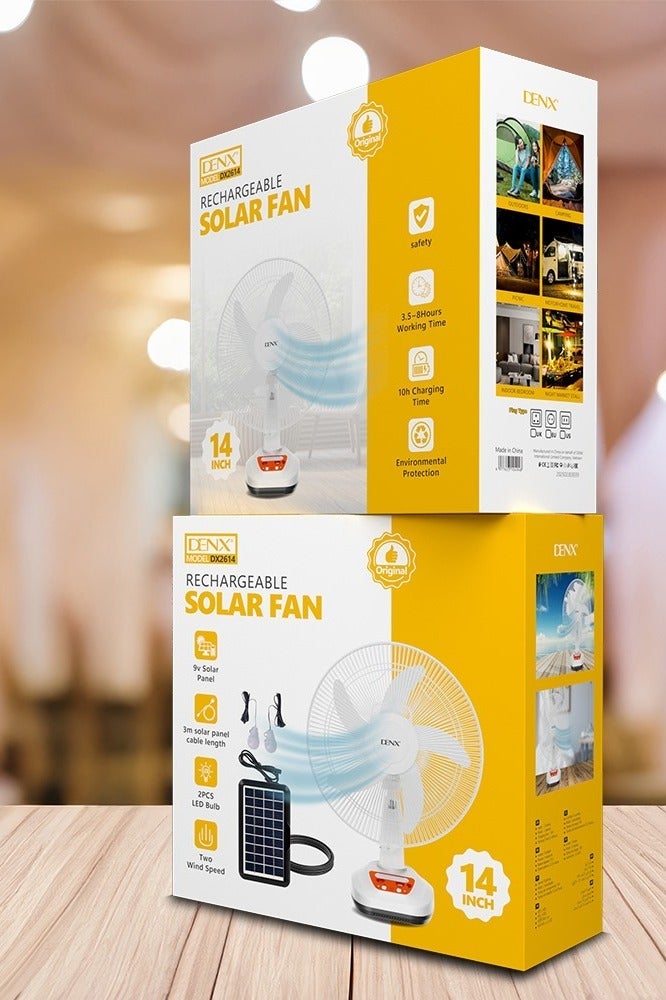 Denx 14 Inch High Speed Multifunctional Solar Powered Electric Table Fan with USB Port and LED Light - Image 1