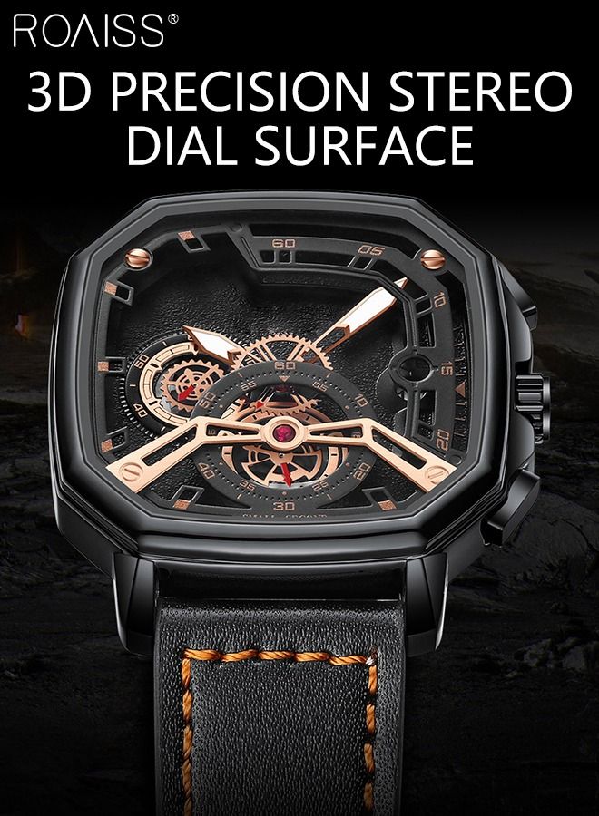 roaiss Men's Leather Strap Quartz Watch, Analog Display Square Shape 3D Black Dial Chronograph Watch, Waterproof Luminous Watch as Gift for Men  - Image 4