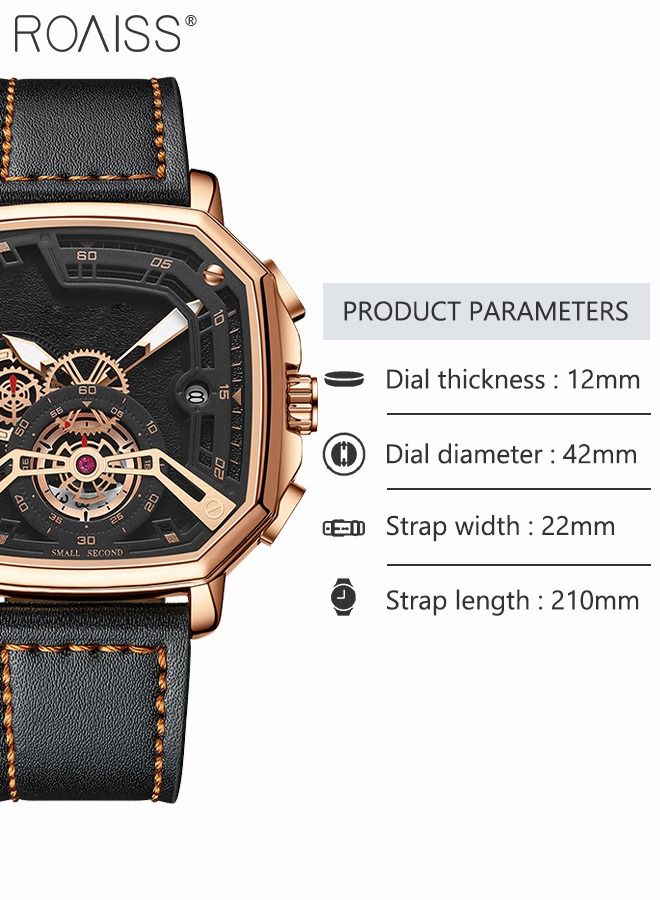 roaiss Men's Leather Strap Quartz Watch, Analog Display Square Shape 3D Black Dial Chronograph Watch, Waterproof Luminous Watch as Gift for Men  - Image 3