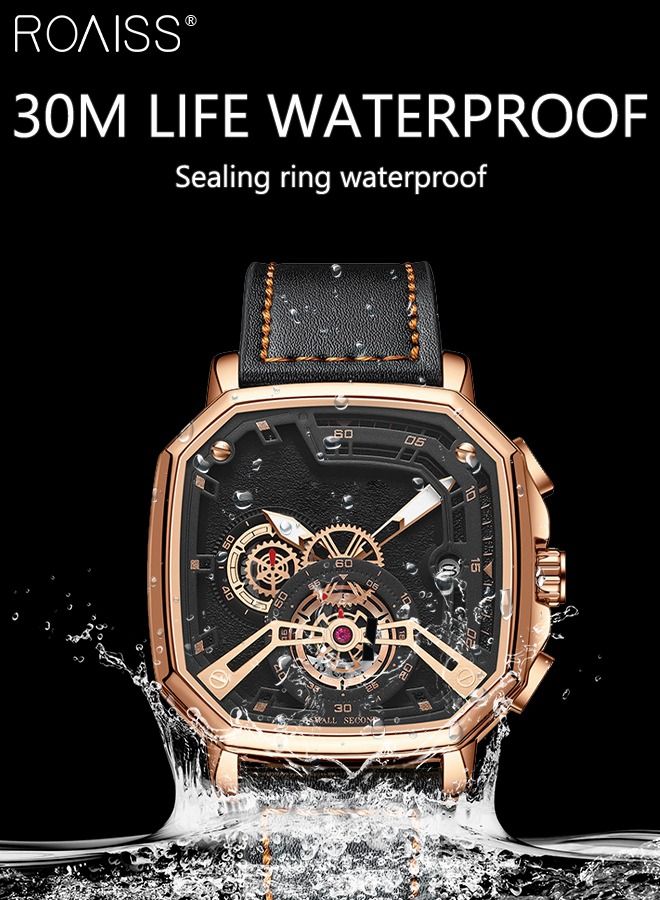 roaiss Men's Leather Strap Quartz Watch, Analog Display Square Shape 3D Black Dial Chronograph Watch, Waterproof Luminous Watch as Gift for Men  - Image 5