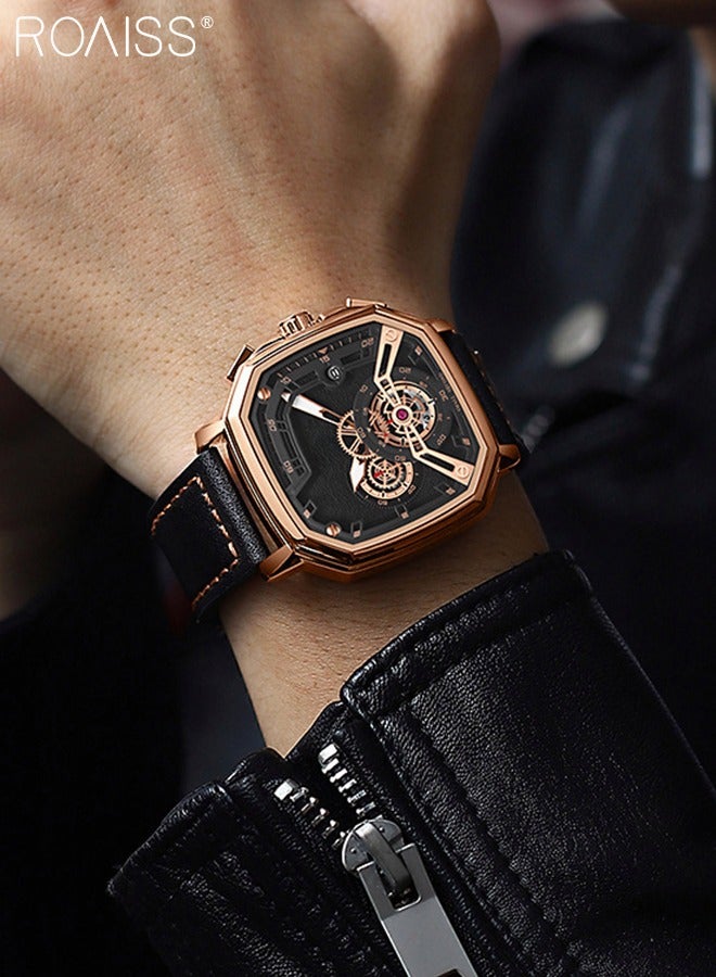roaiss Men's Leather Strap Quartz Watch, Analog Display Square Shape 3D Black Dial Chronograph Watch, Waterproof Luminous Watch as Gift for Men  - Image 1