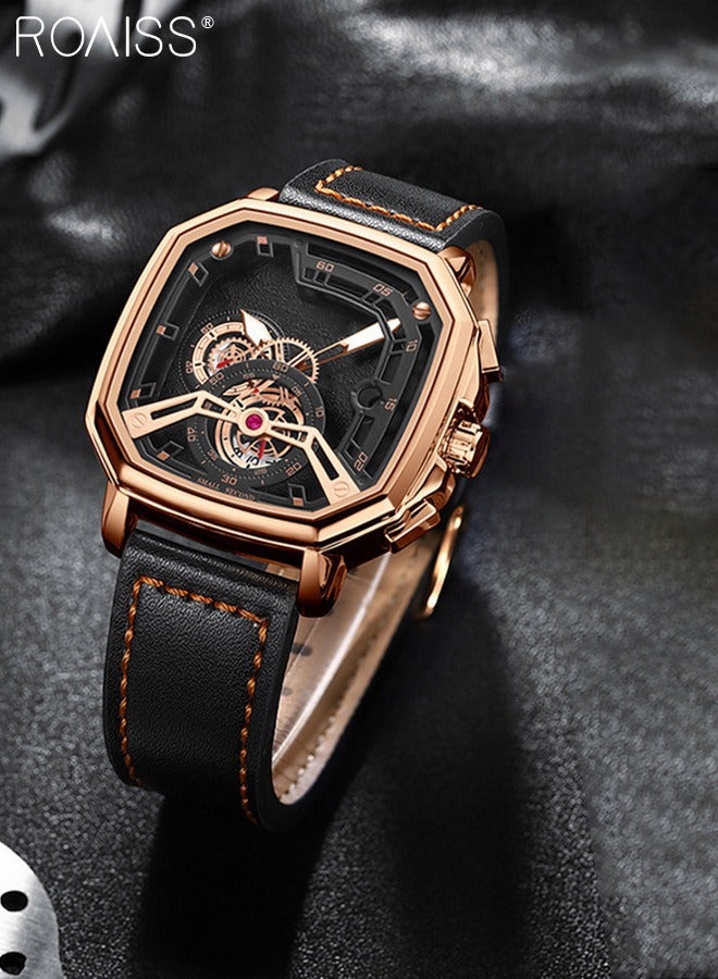 roaiss Men's Leather Strap Quartz Watch, Analog Display Square Shape 3D Black Dial Chronograph Watch, Waterproof Luminous Watch as Gift for Men  - Image 2