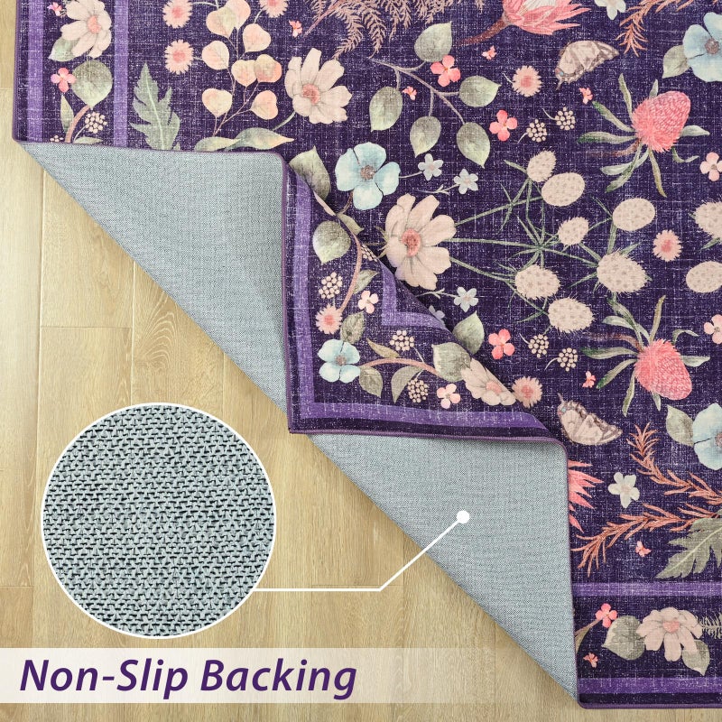Przemy Area Rugs for Living Room, 4x6 Washable Rug Floral for Kid's Bedroom, Non Slip Rustic Carpet for Office Bedside Entryway Kitchen, Purple - Image 2