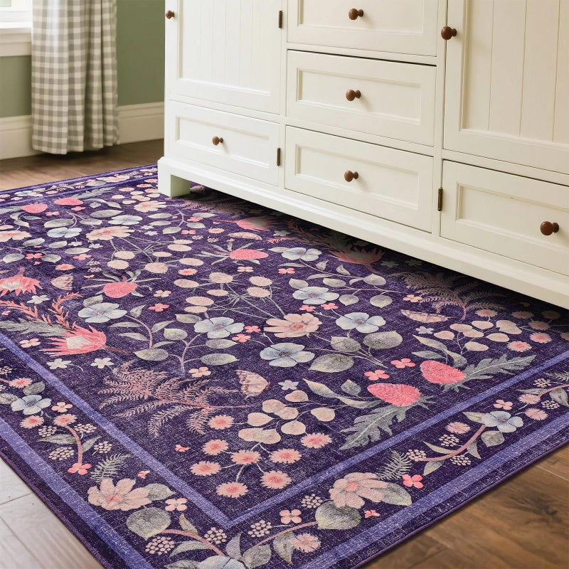 Przemy Area Rugs for Living Room, 4x6 Washable Rug Floral for Kid's Bedroom, Non Slip Rustic Carpet for Office Bedside Entryway Kitchen, Purple - Image 5