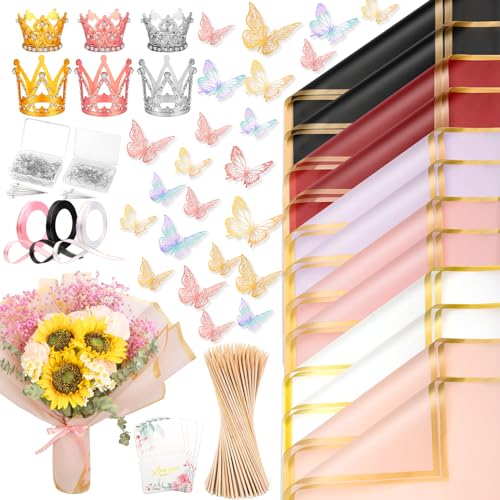 LifeisLuck 276 PCS Flower Wrapping Paper Bouquet Kit, 30 Sheets Waterproof Floral Wrapping Paper With Ribbons, Flower Pearl Pins, Bamboo Skewers, 3D Butterflies Crowns for Florist Craft Mother's Day Birthday - Image 1