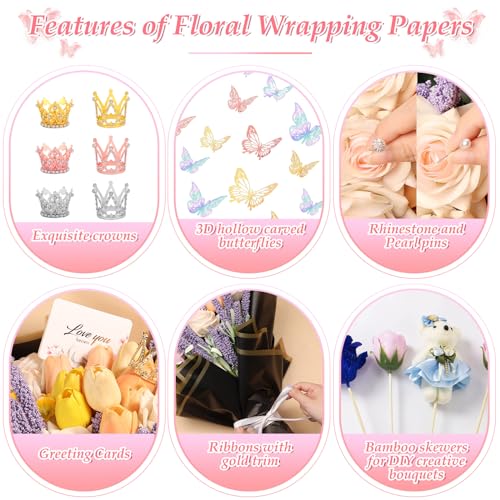 LifeisLuck 276 PCS Flower Wrapping Paper Bouquet Kit, 30 Sheets Waterproof Floral Wrapping Paper With Ribbons, Flower Pearl Pins, Bamboo Skewers, 3D Butterflies Crowns for Florist Craft Mother's Day Birthday - Image 5