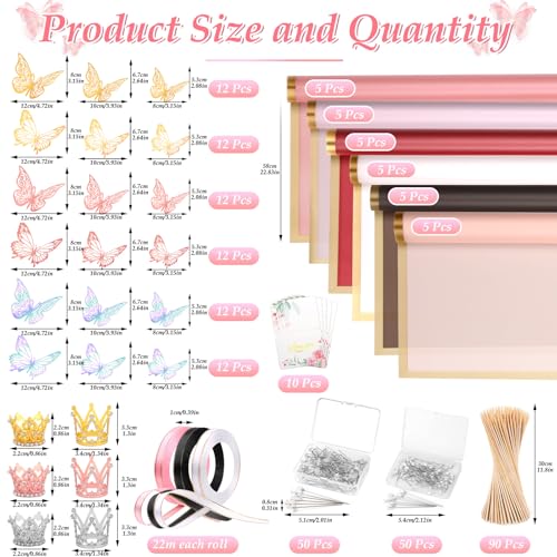 LifeisLuck 276 PCS Flower Wrapping Paper Bouquet Kit, 30 Sheets Waterproof Floral Wrapping Paper With Ribbons, Flower Pearl Pins, Bamboo Skewers, 3D Butterflies Crowns for Florist Craft Mother's Day Birthday - Image 3