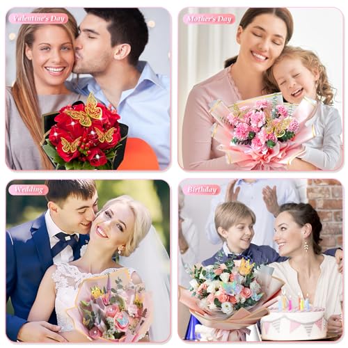 LifeisLuck 276 PCS Flower Wrapping Paper Bouquet Kit, 30 Sheets Waterproof Floral Wrapping Paper With Ribbons, Flower Pearl Pins, Bamboo Skewers, 3D Butterflies Crowns for Florist Craft Mother's Day Birthday - Image 2