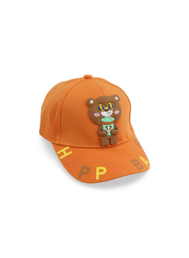 Fancy Unisex Cotton Cap – Orange with "Happy Bear" Design - Image 1