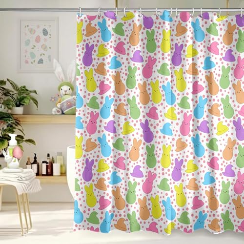 Kuyuayee Spring Easter Peeps Shower Curtain 72x72 Inch Bunny Shower Curtains for Bathroom with Hooks Spring Easter Bathroom Home Bath Decor Waterproof Fabric - Image 1