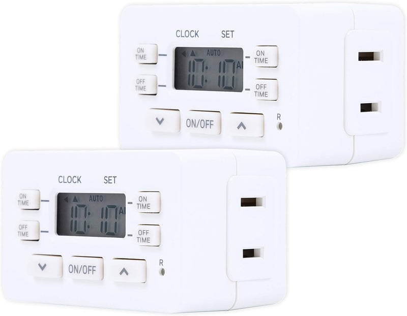 UltraPro 24hr Digital Bar Outlet Timer - 1-Polarized, 2 Programmable ON/OFF Cycles, 125VAC Light Timer, White, 2 Pack - Image 1