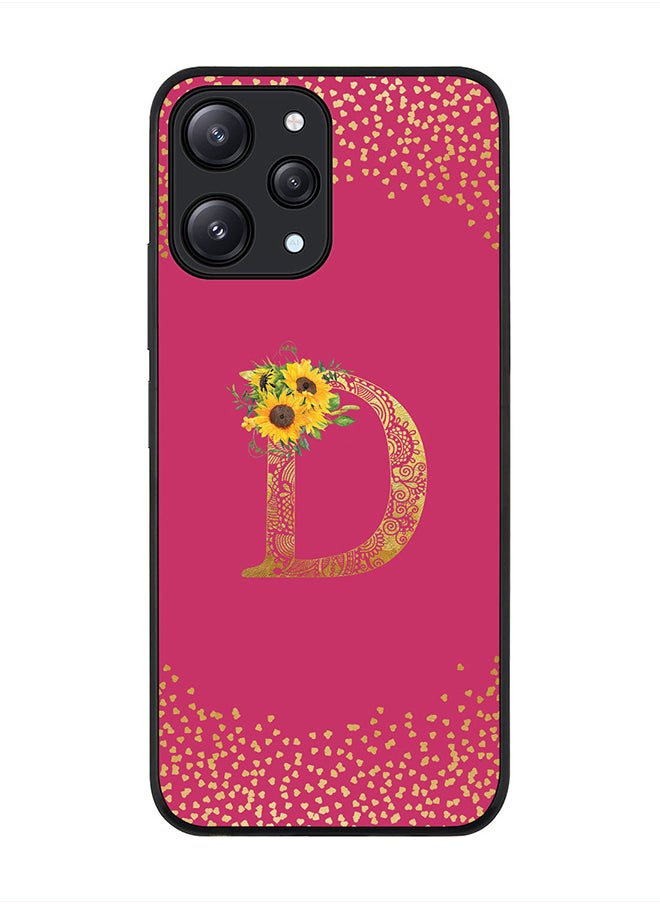 Stylizedd Cover for Xiaomi Redmi 12 4G Case, Rugged Black Slim fit Phone Cases  - Custom Monogram Initial Letter Mandala Floral Pattern Alphabet-D (Dark Pink Rose)  - Image 1
