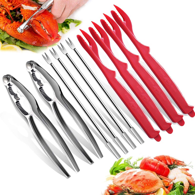 Wanateber 10PCS Crab Nut Crackers and Seafood ToolsStainless Steel Lobster Crackers and Picks SetIncluding 2 Lobster Crab Crackers 4 Lobster Sheller Knives 4 Crab Leg ForksPicks 10pcs