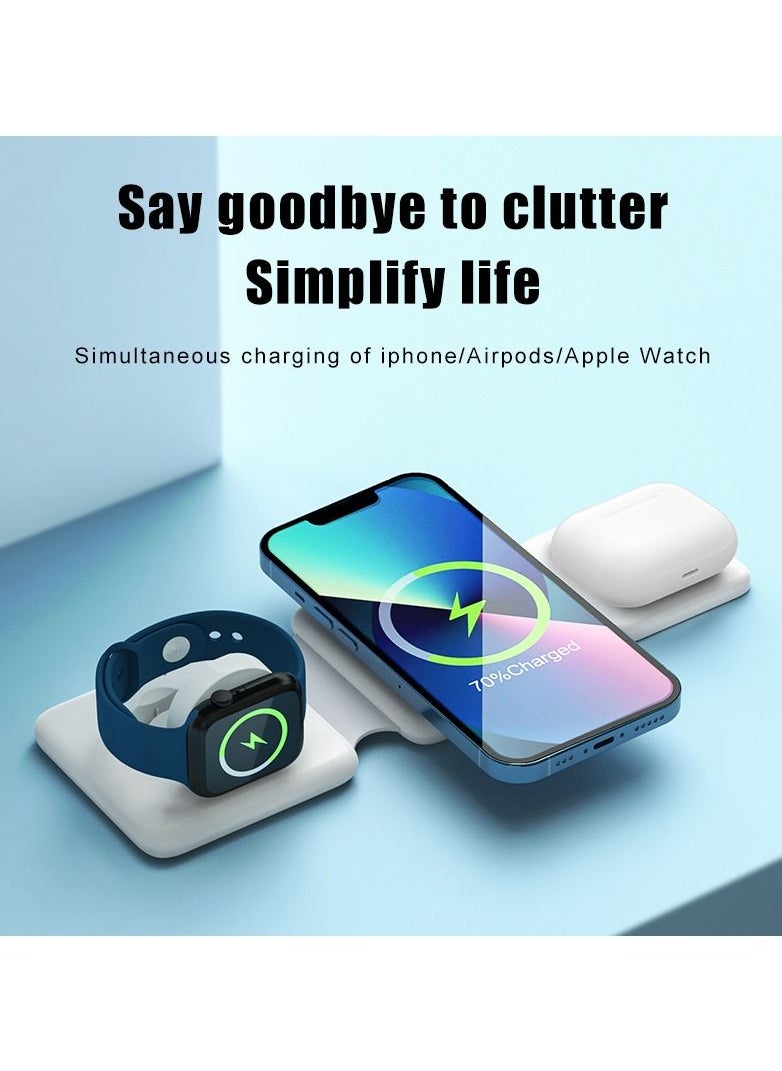 Generic - Charging Station for Apple Multiple Devices - 3 in 1 Magnetic Foldable Wireless Charger Dock - Travel Charging Pad for iPhone 14 13 12 Pro Max Plus Watch & Airpods(White) - Image 1