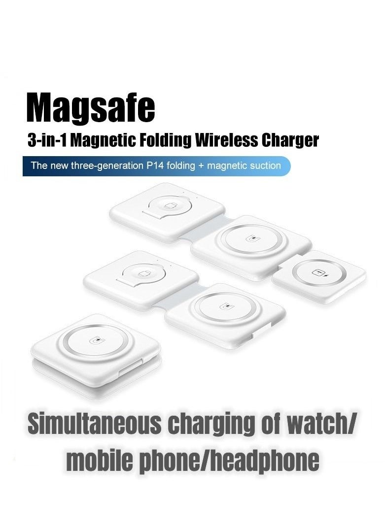 Generic - Charging Station for Apple Multiple Devices - 3 in 1 Magnetic Foldable Wireless Charger Dock - Travel Charging Pad for iPhone 14 13 12 Pro Max Plus Watch & Airpods(White) - Image 1