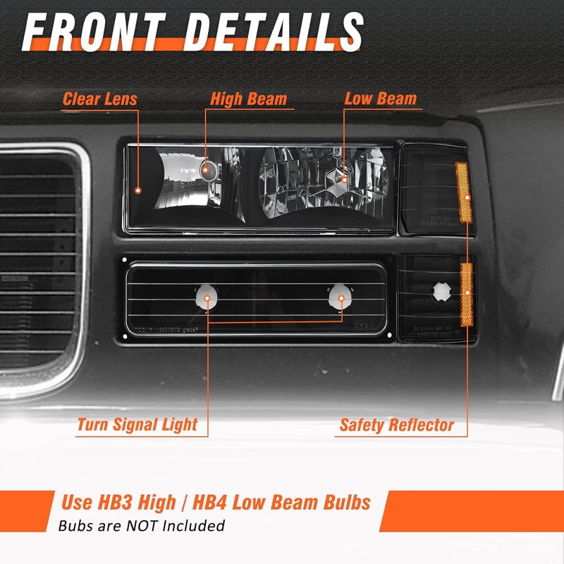 AXLAHA 1994-1998 Chevy Silverado Headlight Assembly - Black Housing Amber Reflector Pair - Image 2