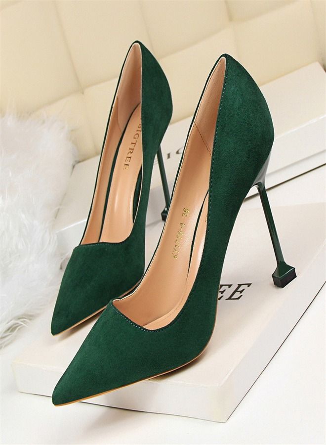 BIGTREE Suede Shallow Pointed High Heels 9.5CM Green