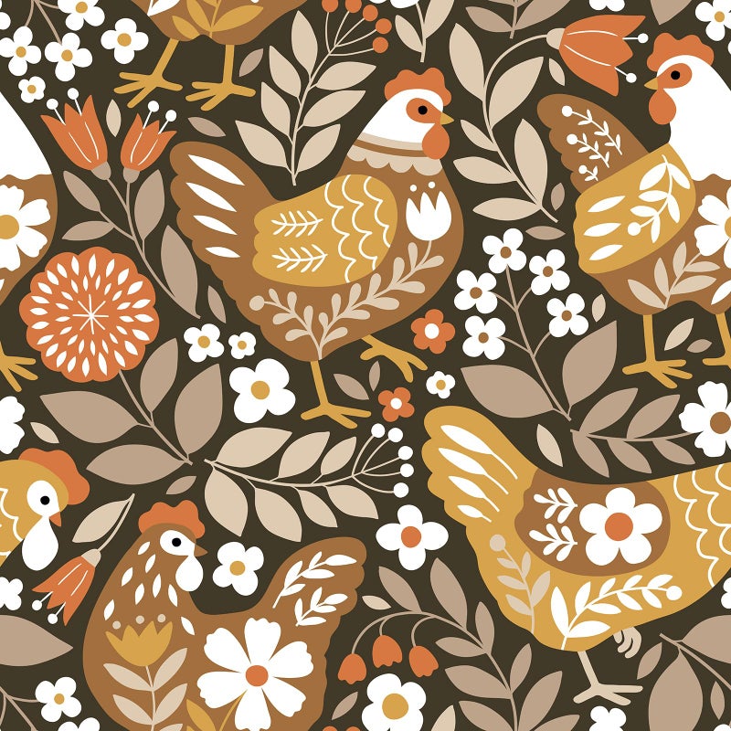 VaryStyle Vintage Chicken Wallpaper Brown Farm Animal Floral Peel and Stick Wallpaper for Bedroom Nursery Farmhouse Removable Self Adhesive Vinyl Retro Contact Paper for Kids Room Cabinets 17.7"x118" - Image 1
