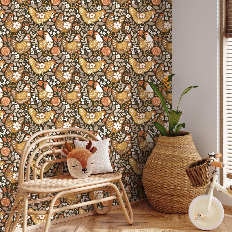 VaryStyle Vintage Chicken Wallpaper Brown Farm Animal Floral Peel and Stick Wallpaper for Bedroom Nursery Farmhouse Removable Self Adhesive Vinyl Retro Contact Paper for Kids Room Cabinets 17.7"x118" - Image 2