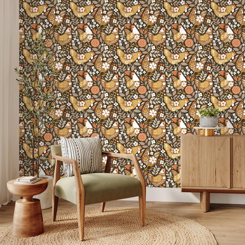 VaryStyle Vintage Chicken Wallpaper Brown Farm Animal Floral Peel and Stick Wallpaper for Bedroom Nursery Farmhouse Removable Self Adhesive Vinyl Retro Contact Paper for Kids Room Cabinets 17.7"x118" - Image 3