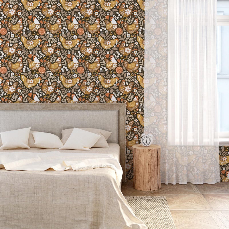 VaryStyle Vintage Chicken Wallpaper Brown Farm Animal Floral Peel and Stick Wallpaper for Bedroom Nursery Farmhouse Removable Self Adhesive Vinyl Retro Contact Paper for Kids Room Cabinets 17.7"x118" - Image 5