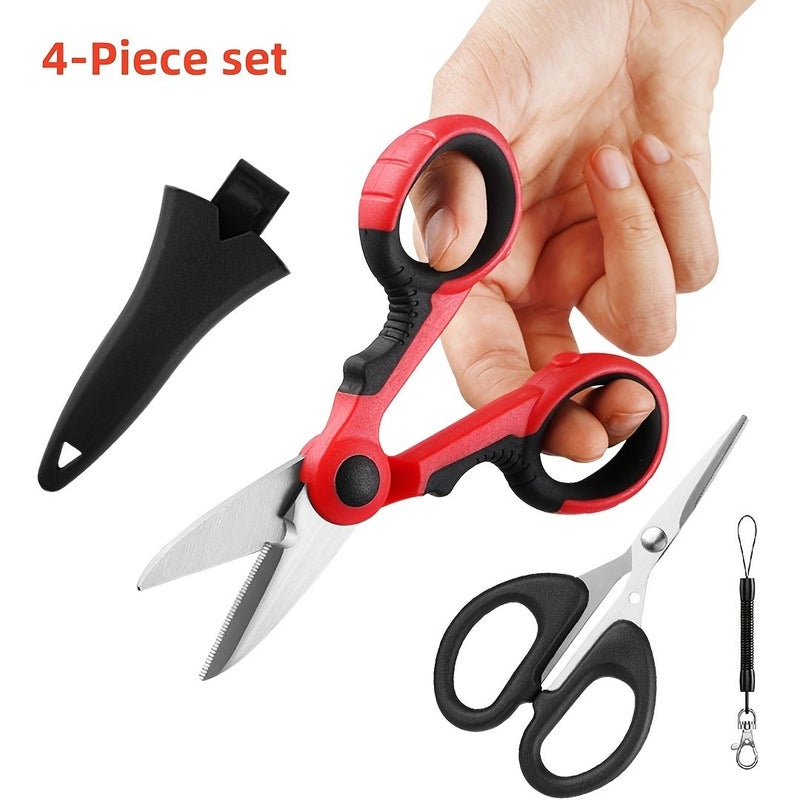 4 Piece Red Fishing Scissors Kit Professional Line Scissors Wire Cutters Sheet Cutters Outdoor Multi Function Serrated Scissors With Protective Cover And Spring Lanyard - Image 1