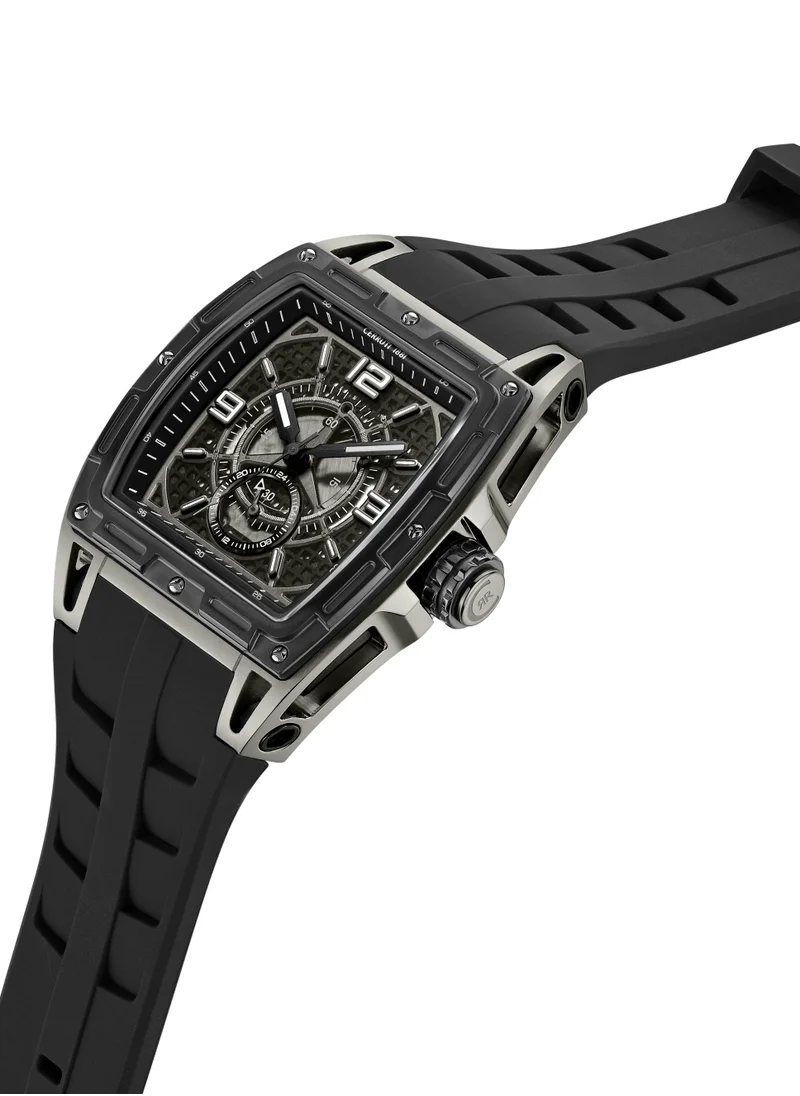 CERRUTI 1881 Belluno Multifunction Watch for Men - Tonneau Case, Black Smoked Transparent Dial, Black Silicon Strap