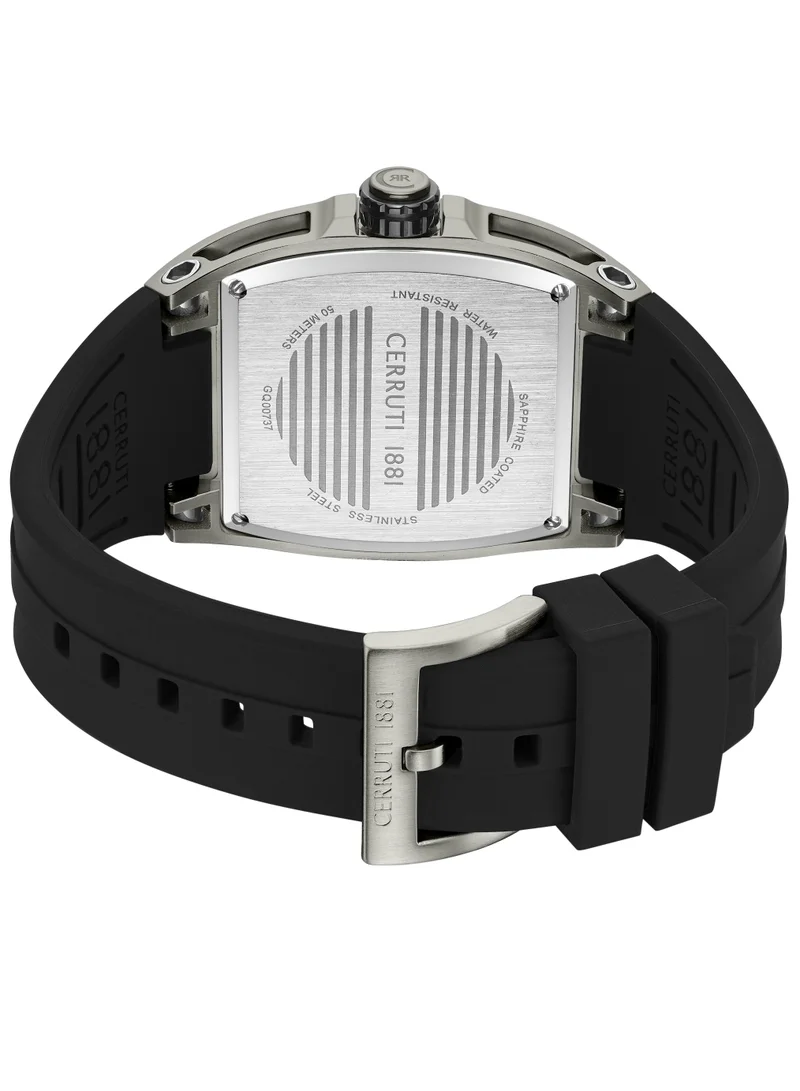 CERRUTI 1881 Men's Belluno Multifunction Watch for Men - Tonneau Case, Black Smoked Transparent Dial, Black Silicon Strap